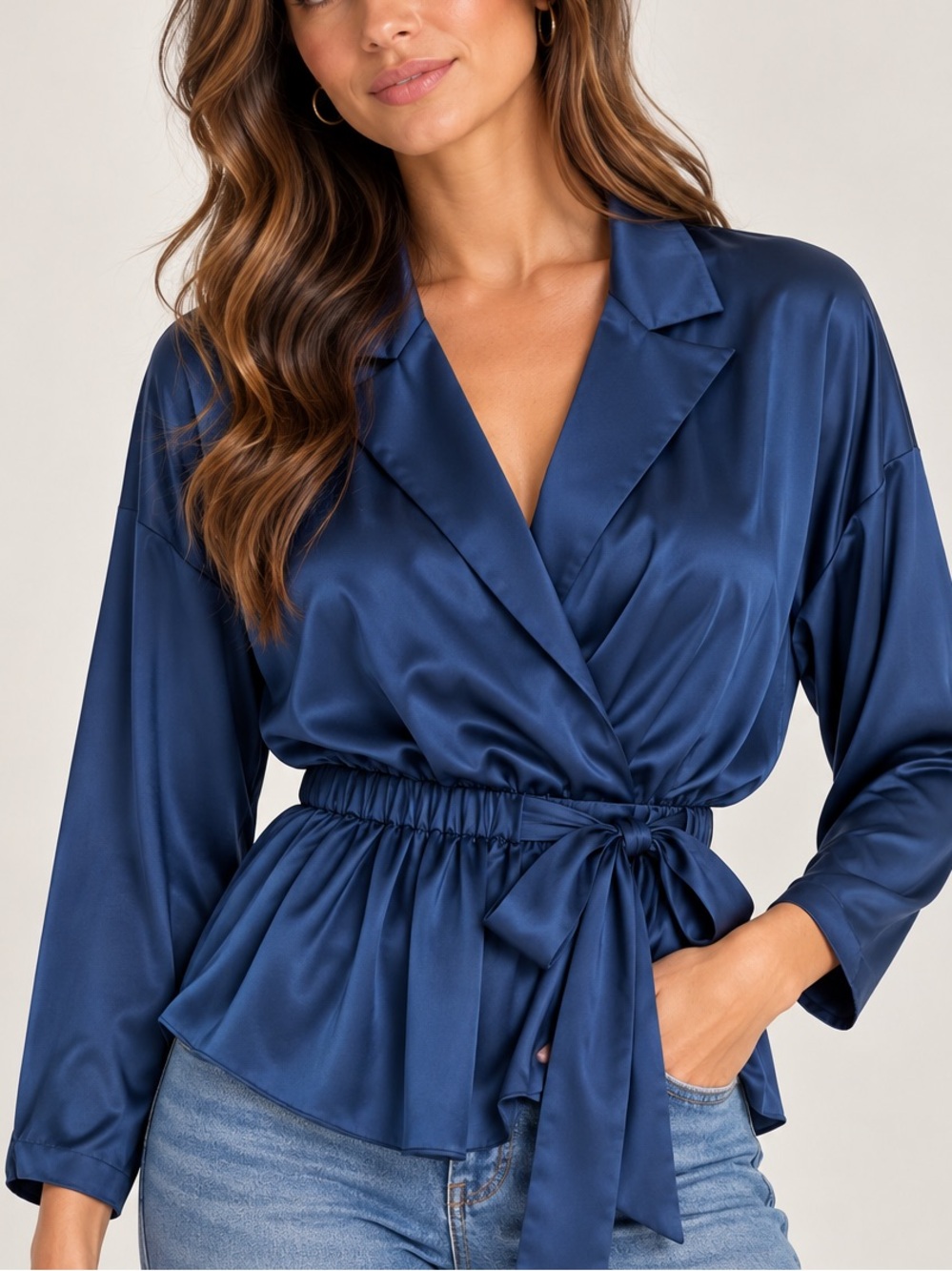 Ramy Brook Navy Satin Wrap Blouse with Tie Waist - size unknown see measurements